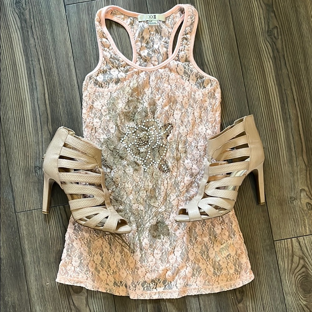 XXI Pink Lace Dress with pink Jessica Simpson heels